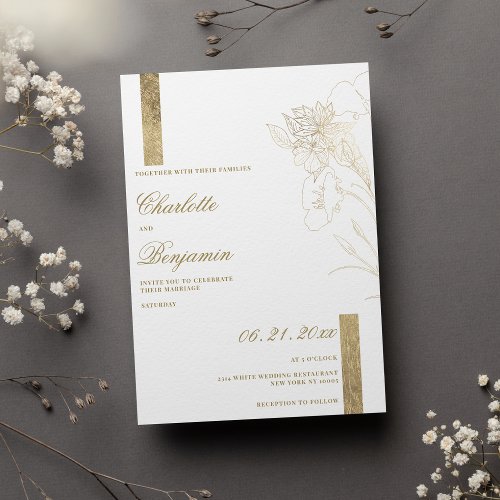 Minimalist elegant white gold floral wedding invitation