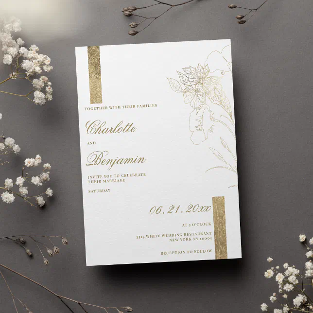 Minimalist Elegant White Gold Floral Wedding Invitation Zazzle