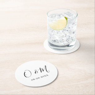 Minimalist Elegant White Monogram Classic Wedding Round Paper Coaster