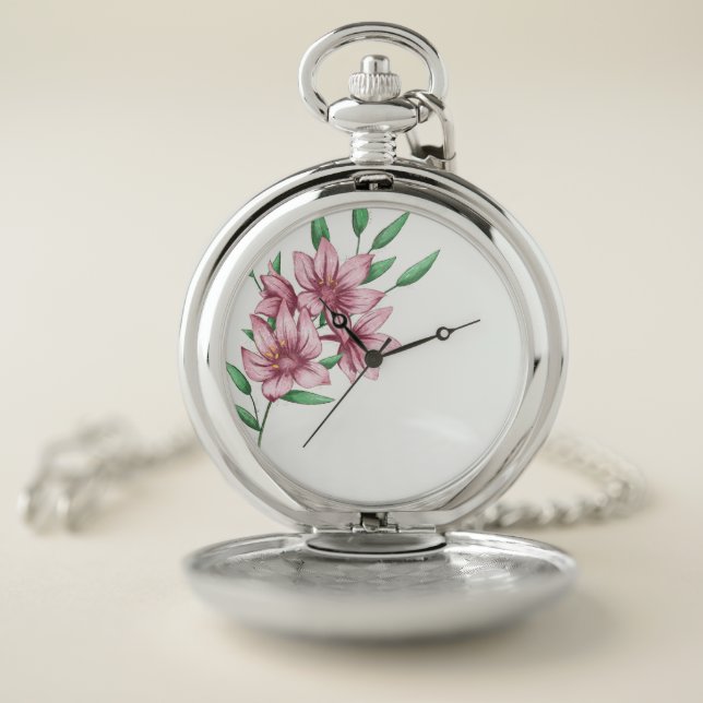 Minimalist Elegant White Pink Floral Illustrated  Pocket Watch (Inside)