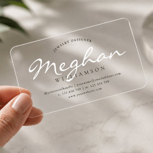 Minimalist Elegant White Script Transparent Clear Business Cards