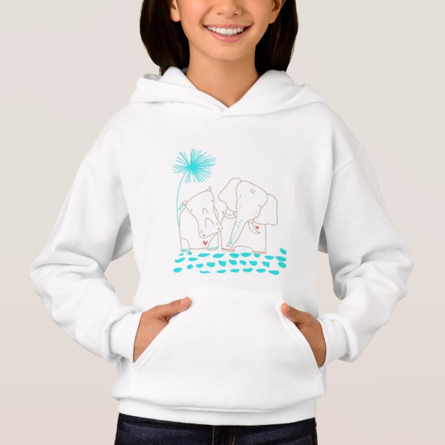 Minimalist Elephant and Hippo - Aqua and White Hoodie (Front)