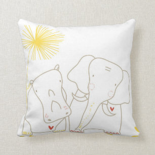 Minimalist Elephant and Hippo - Yellow and White Throw Pillow