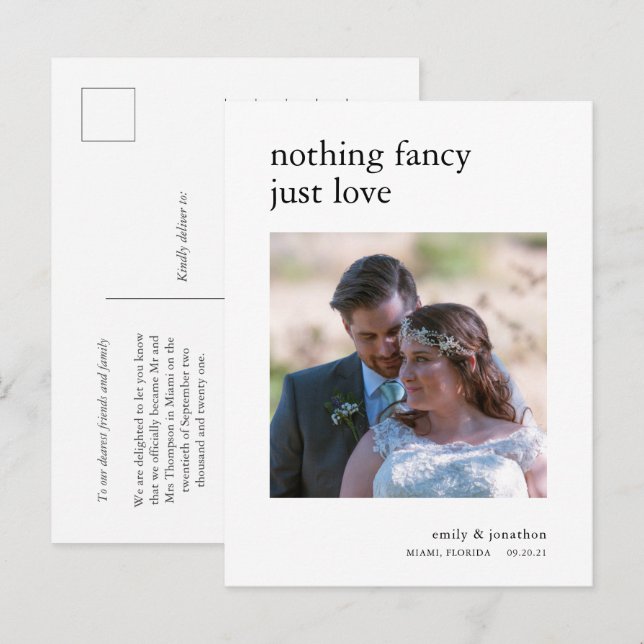 Minimalist elopement Announcement Photo Postcard (Front/Back)