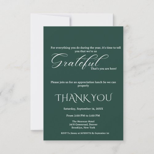 Minimalist emerald and white script appreciation  invitation
