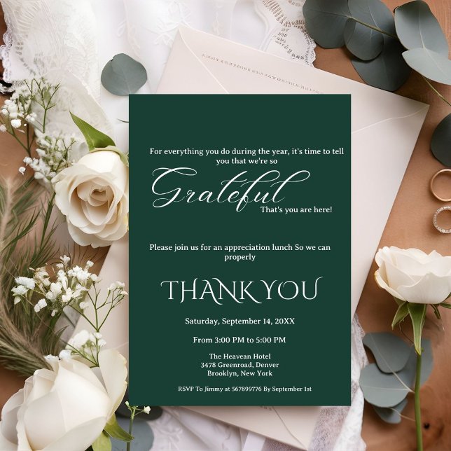 Minimalist emerald and white script appreciation  invitation (Creator Uploaded)
