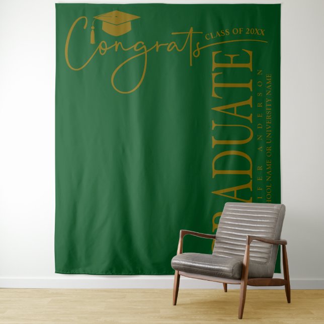 Minimalist Emerald Green & Gold Congrats Graduate Tapestry (In Situ)