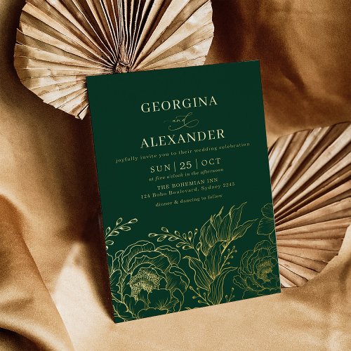 Minimalist Emerald Green Gold Floral Wedding Foil Invitation