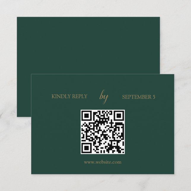 Minimalist Emerald Green Gold QR Code Wedding RSVP Card (Front/Back)