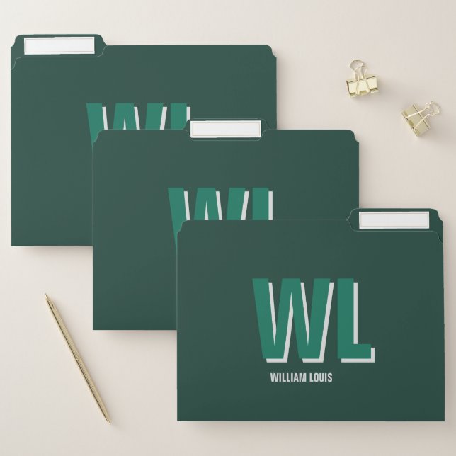 Minimalist Emerald Green Personalized Monogram  File Folder (Set)