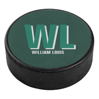 Minimalist Emerald Green Personalized Monogram Hockey Puck