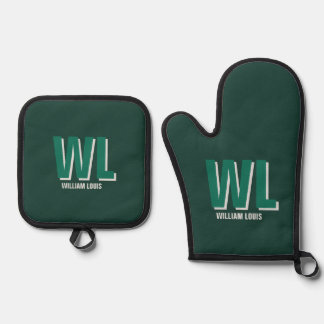 Minimalist Emerald Green Personalized Monogram Oven Mitt & Pot Holder Set