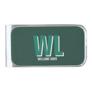 Minimalist Emerald Green Personalized Monogram  Silver Finish Money Clip