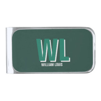 Minimalist Emerald Green Personalized Monogram Silver Finish Money Clip