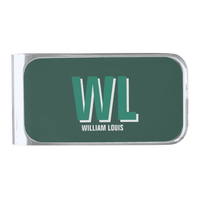 Minimalist Emerald Green Personalized Monogram  Silver Finish Money Clip (Front)