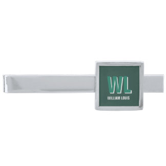 Minimalist Emerald Green Personalized Monogram Silver Finish Tie Bar