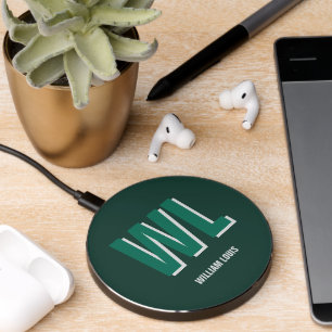 Minimalist Emerald Green Personalized Monogram  Wireless Charger