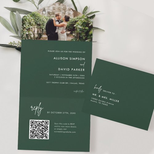 Minimalist Emerald Green Wedding QR Code All In One Invitation