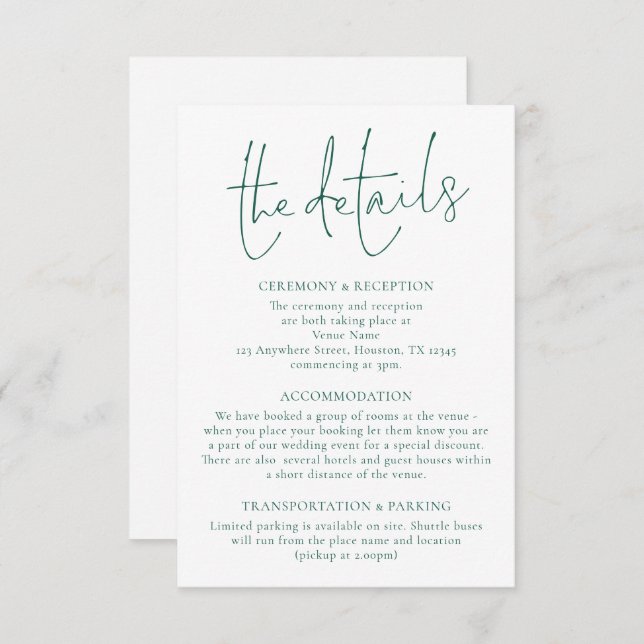 Minimalist Emerald Green Writing Wedding Details  Enclosure Card (Front/Back)