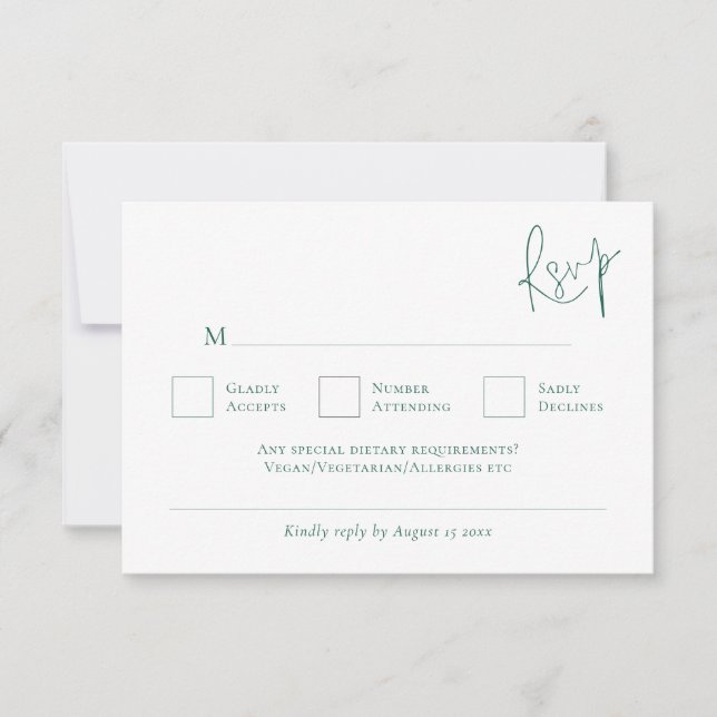 Minimalist Emerald Green Writing Wedding RSVP Card (Front)