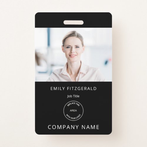 Minimalist Employee Photo ID Name Logo Black Badge