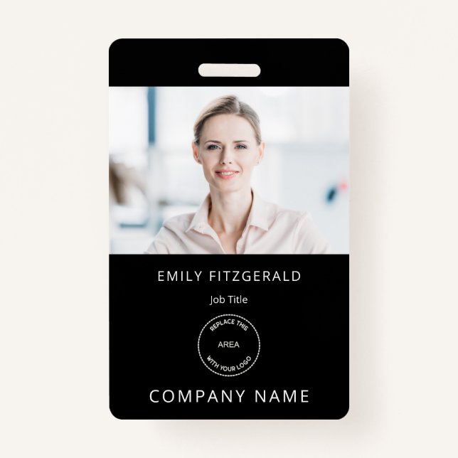 Minimalist Employee Photo ID Name Logo Black Badge (Front)