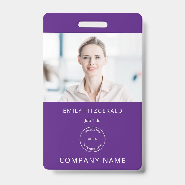 Minimalist Employee Photo ID Name Logo Purple Badge (Front)