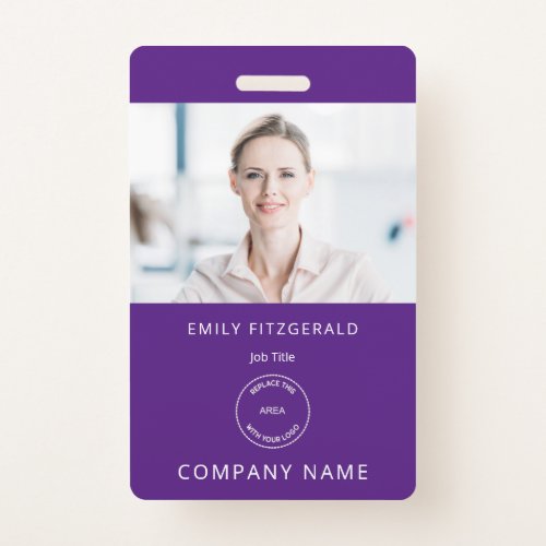 Minimalist Employee Photo ID Name Logo Purple Badge