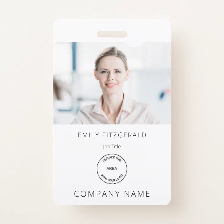 Minimalist Employee Photo ID Name Logo White Badge | Zazzle