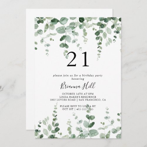 Minimalist Eucalyptus 21st Birthday Party  Invitation