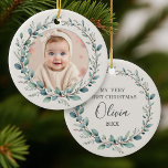 Minimalist Eucalyptus Baby First Christmas Photo Ceramic Ornament<br><div class="desc">Celebrate your little one’s first holiday with this Minimalist Eucalyptus Baby First Christmas design. Featuring your baby’s photo framed by a delicate watercolor wreath of soft green eucalyptus leaves and airy winter sprigs, this keepsake is printed on smooth porcelain with a warm ivory background. The reverse displays “My Very First...</div>