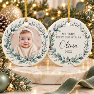 Minimalist Eucalyptus Baby First Christmas Photo Ceramic Ornament