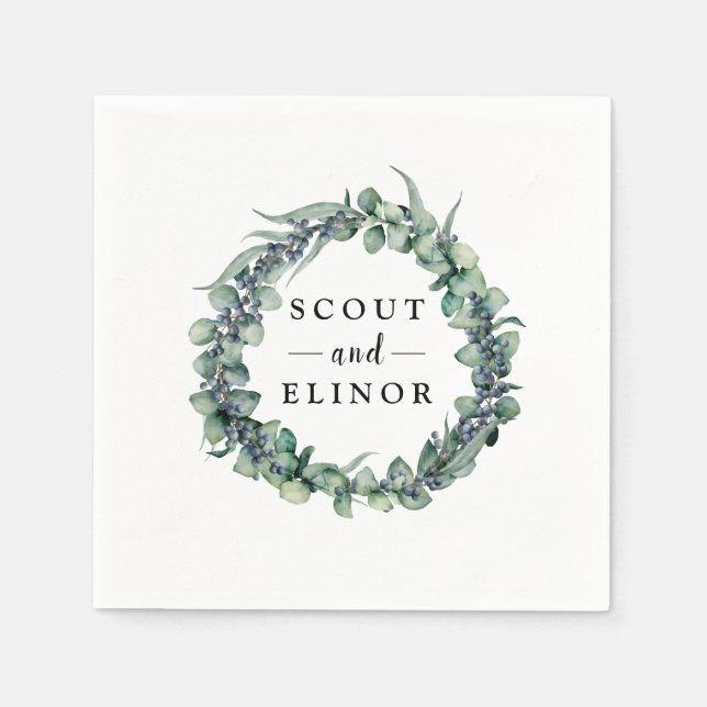 Minimalist Eucalyptus Berry Wreath Wedding Napkins (Front)