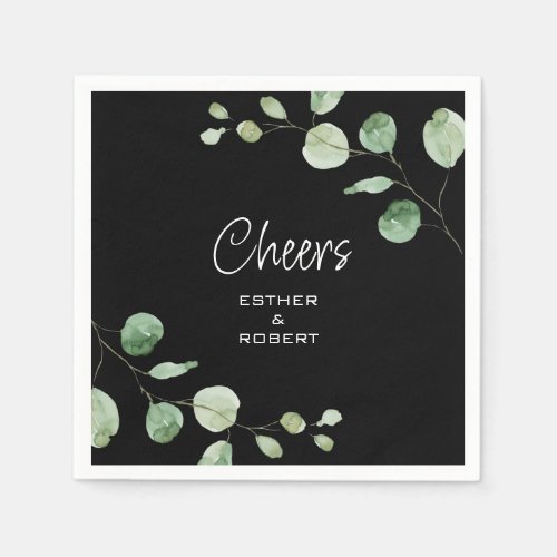 Minimalist Eucalyptus Black Cheers Wedding  Napkins