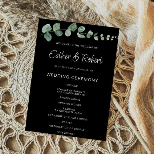 Minimalist Eucalyptus Black Wedding Program