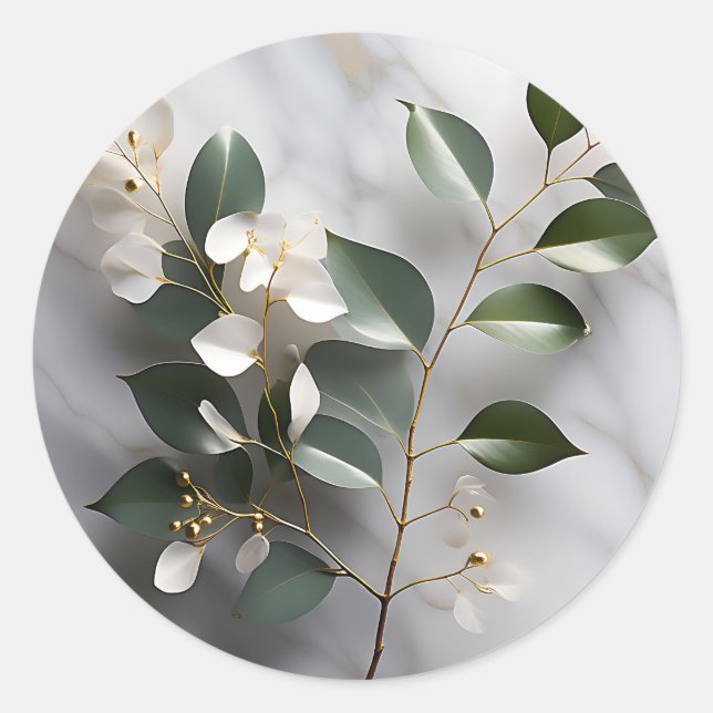 Minimalist Eucalyptus Branch On Marble Classic Round Sticker (Front)