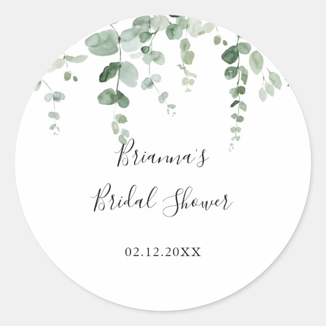 Minimalist Eucalyptus Bridal Shower Favor  Classic Round Sticker (Front)