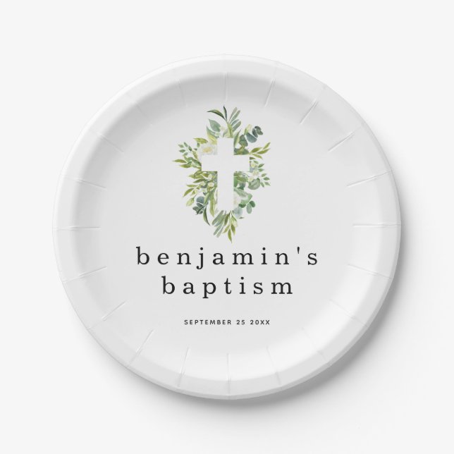Minimalist Eucalyptus Cross Name Date Baptism Paper Plates (Front)