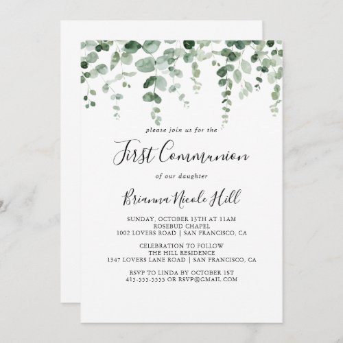 Minimalist Eucalyptus First Communion  Invitation