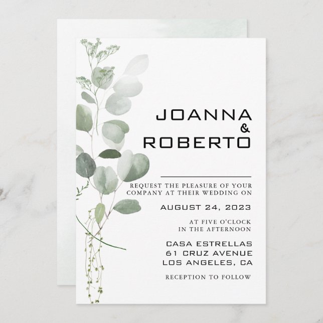 Minimalist Eucalyptus Foliage Formal Wedding Invitation (Front/Back)