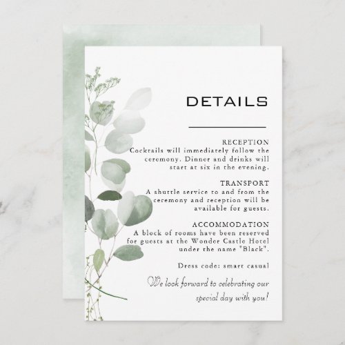 Minimalist Eucalyptus Foliage Wedding Details  Enclosure Card