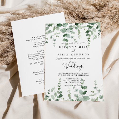 Minimalist Eucalyptus Front  Back Wedding  Invitation