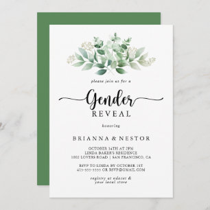 Minimalist Eucalyptus Gender Reveal Party Invitation