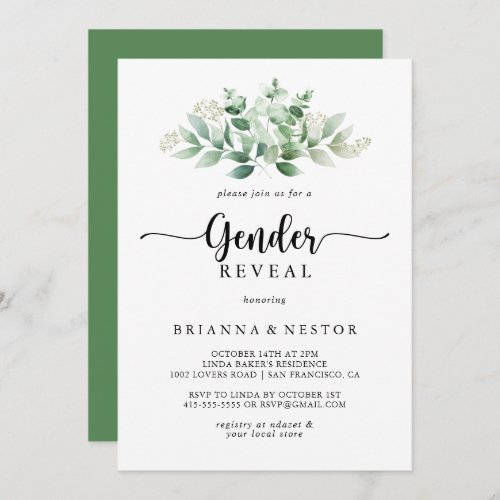 Minimalist Eucalyptus Gender Reveal Party   Invitation