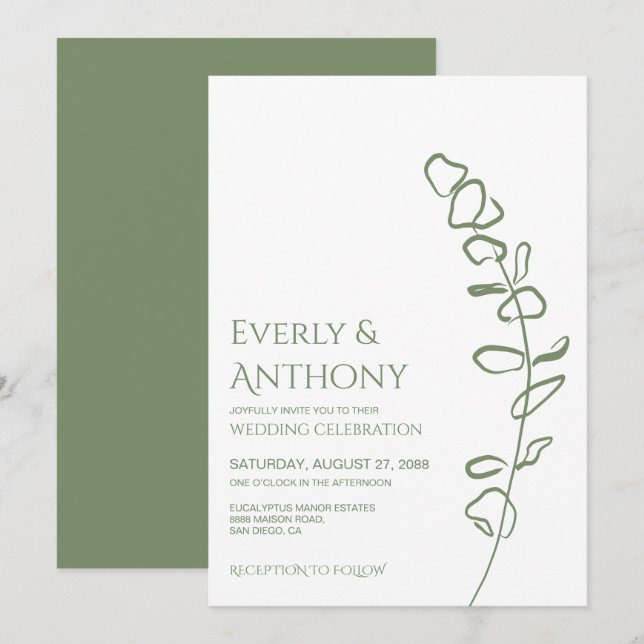 Minimalist Eucalyptus Green Wedding Invitation (Front/Back)