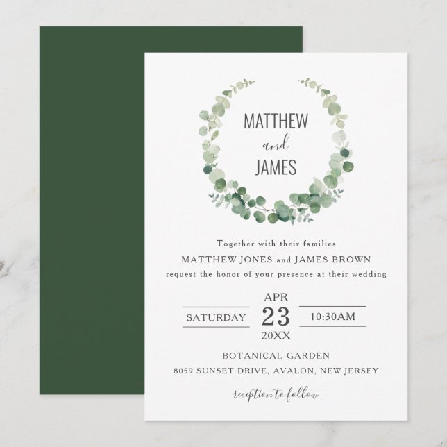 Minimalist Eucalyptus Greenery Gay Wedding  Invitation (Front/Back)