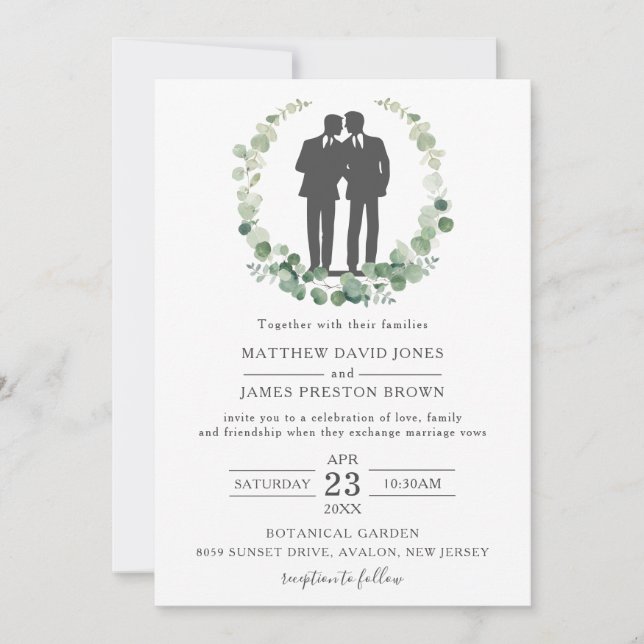 Minimalist Eucalyptus Greenery Gay Wedding Mr & Mr Invitation (Front)