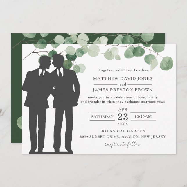 Minimalist Eucalyptus Greenery Gay Wedding Mr & Mr Invitation (Front/Back)