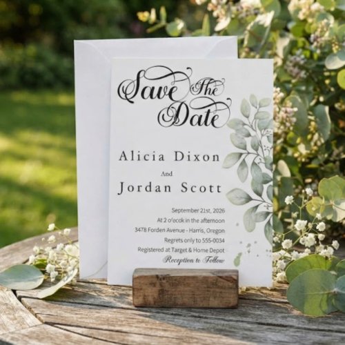 Minimalist Eucalyptus Greenery Save the Date Invitation