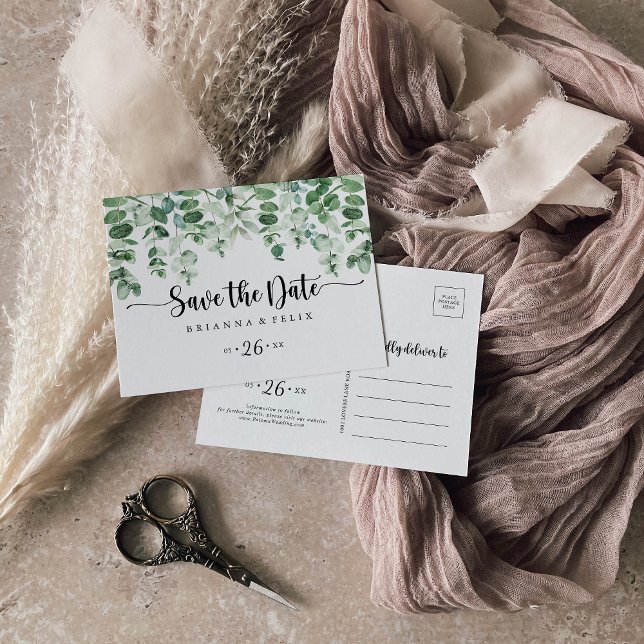 Minimalist Eucalyptus Horizontal Save the Date   Postcard (Creator Uploaded)